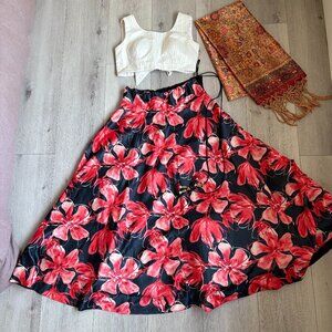 Black Satin Silk Printed A-Line Style Lehenga